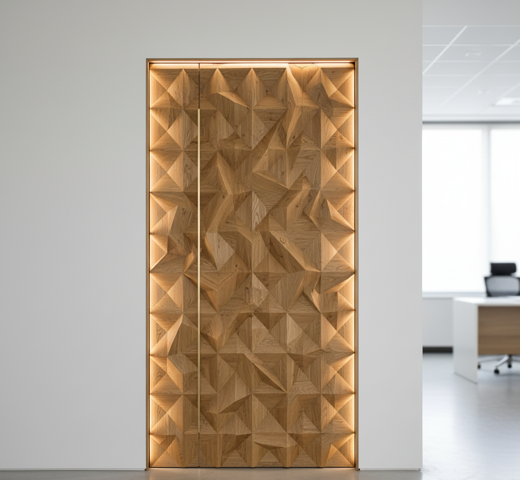 درب پارامتریک چوبی با طرح قطعات متصل و نورپردازی مخفی، مناسب فضاهای مدرن اداری توسط سها پارامتریک