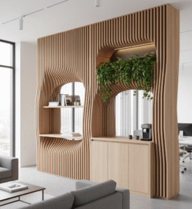 پارتیشن پارامتریک مدل دره سبز، دارای قفسه و فلاورباکس داخلی، برای جداسازی فضاهای اداری مدرن از سها پارامتریک