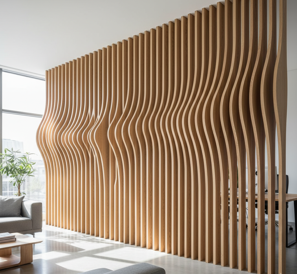 پارتیشن پارامتریک مدل نسیم چوبی، ساخته شده از اسلت‌های عمودی با طرح موجی برای جداسازی فضاهای مدرن از سها پارامتریک