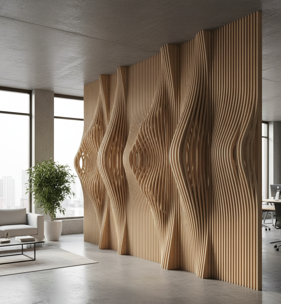 پارتیشن پارامتریک سه‌بعدی مدل رقص موجی، برای جداسازی خلاقانه فضاهای اداری مدرن از سها پارامتریک