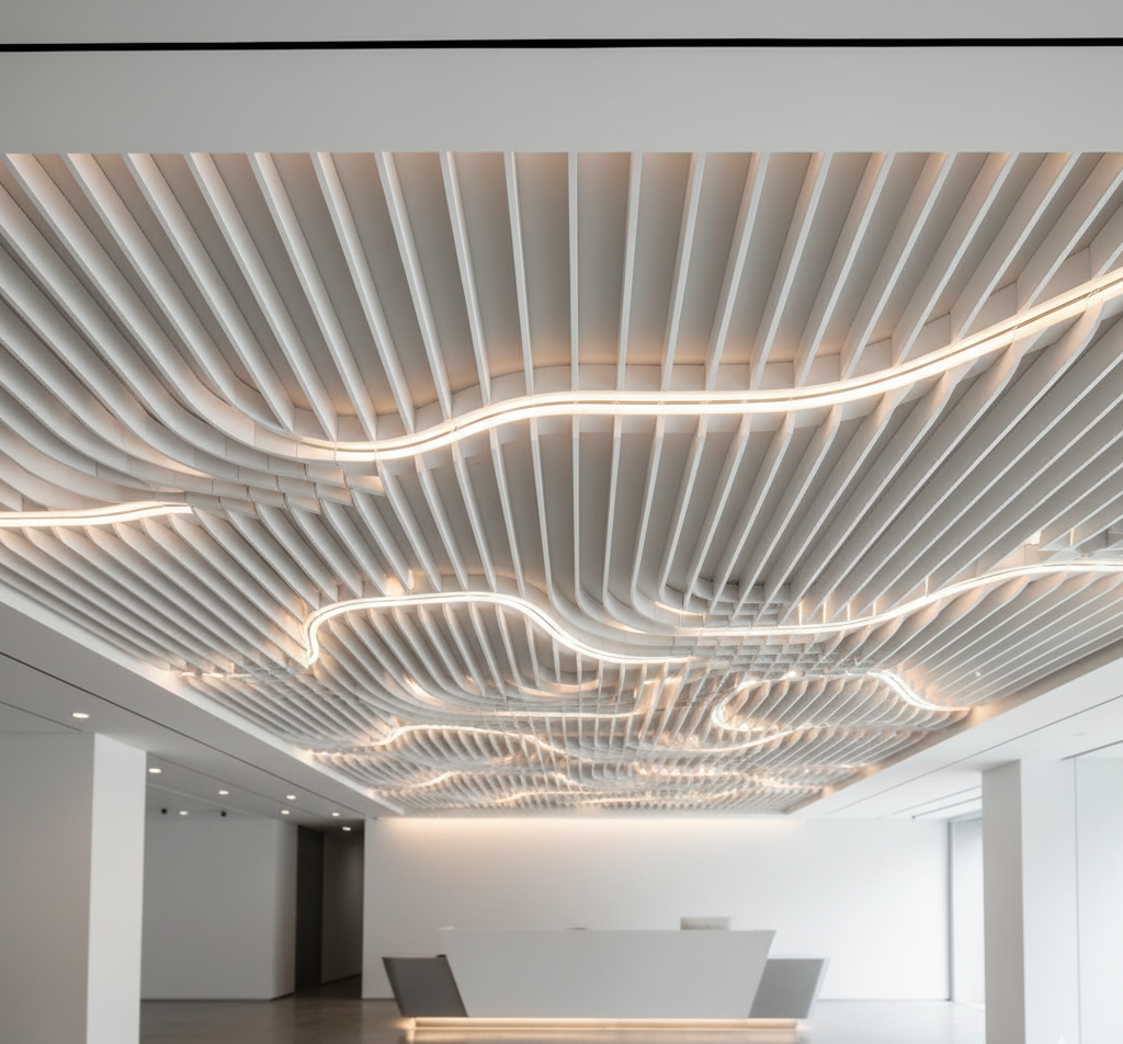 سقف کاذب پارامتریک مدل شفق معماری، با طرح موجی و نورپردازی خطی یکپارچه برای لابی‌های مدرن از سها پارامتریک
